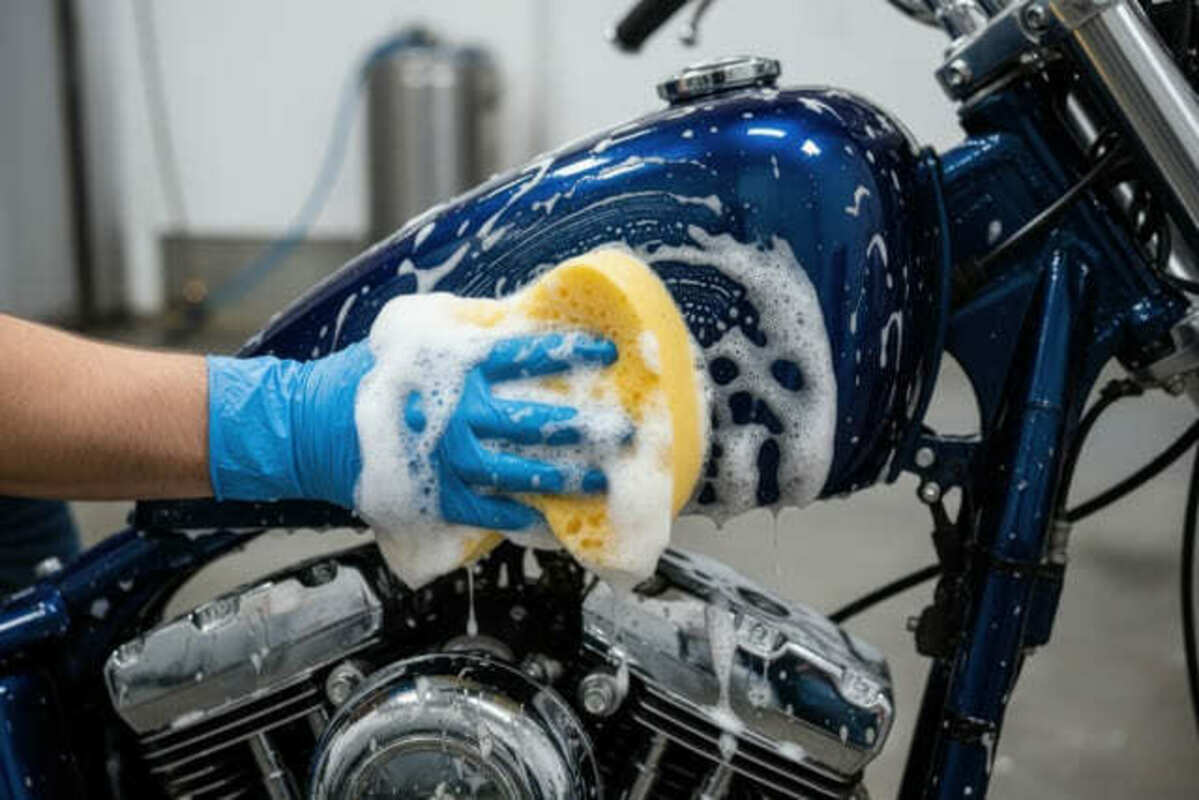 バイクをスポンジで洗う人