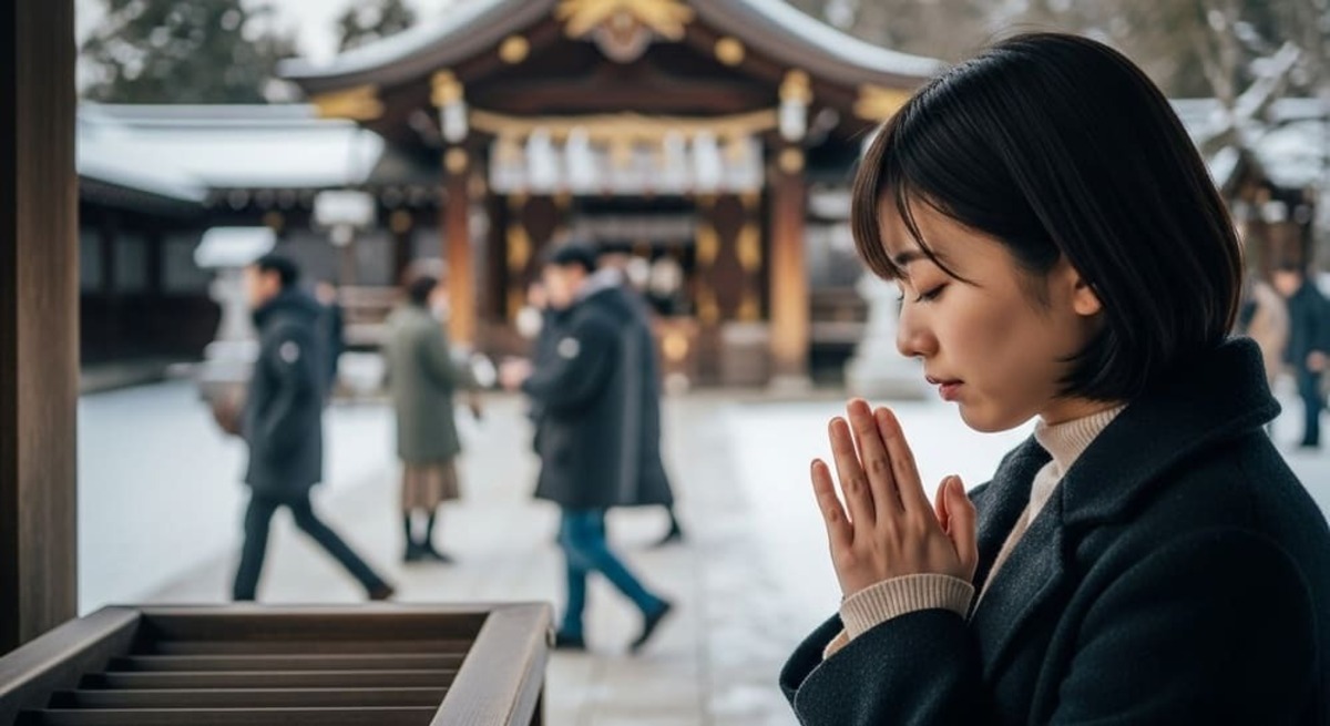 初詣 いつまで  元日に初詣で祈願している日本人女性