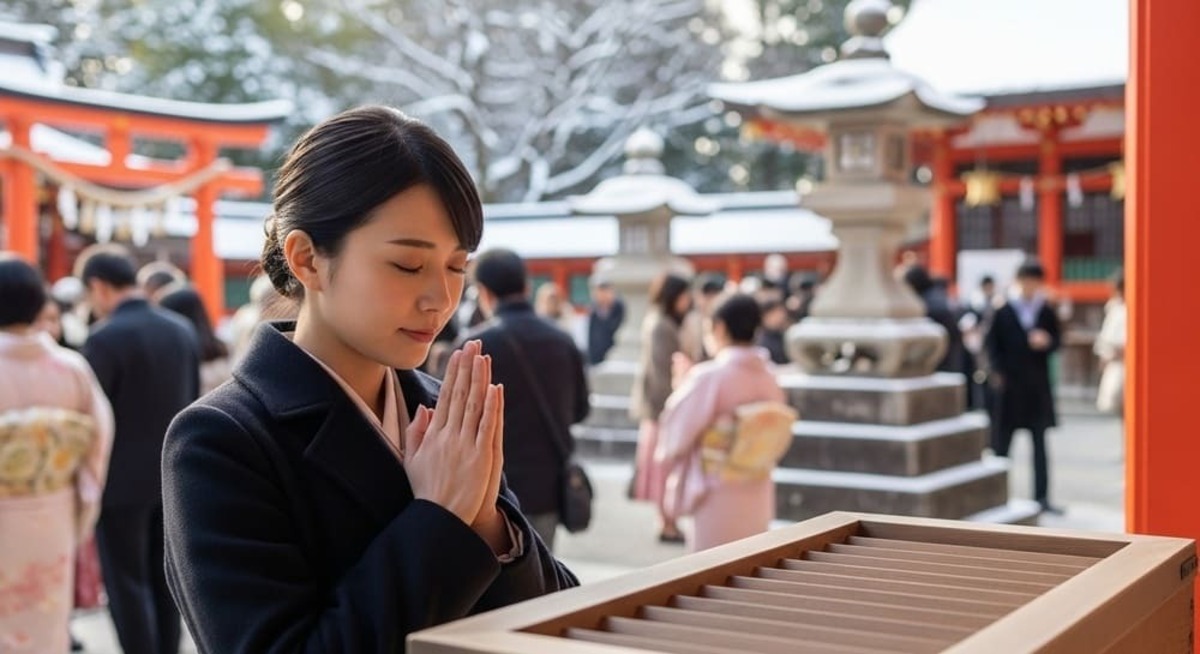 初詣の服装 お参りする女性