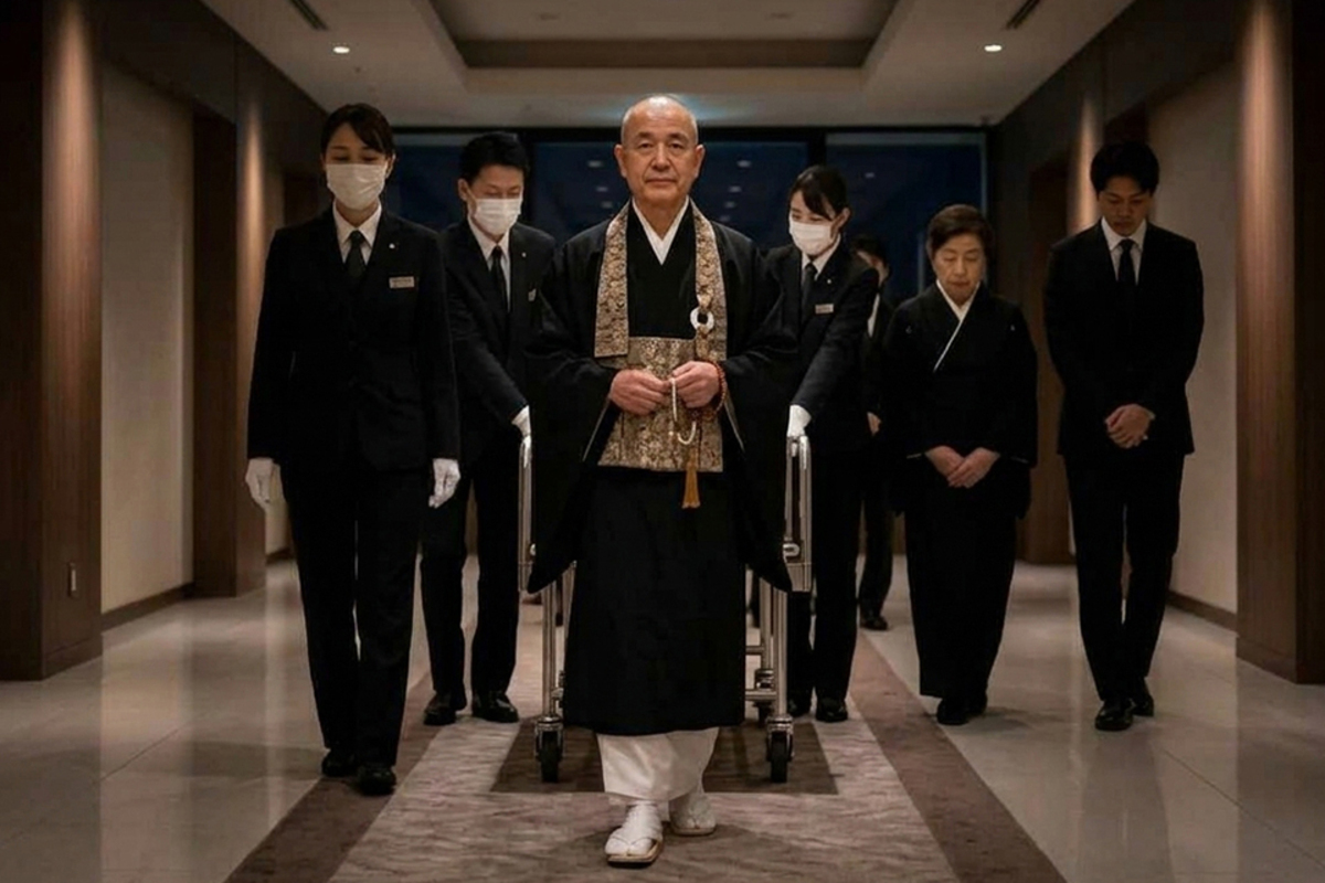 夕刻葬の後に夜の火葬に向かう様子