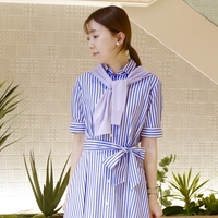 24年美品✨45R 薄オックスギンガムのシャツドレス ワンピース ネイビーブルー シワになりにくい】上品×爽やかワンピース | 読む、鎌倉シャツ